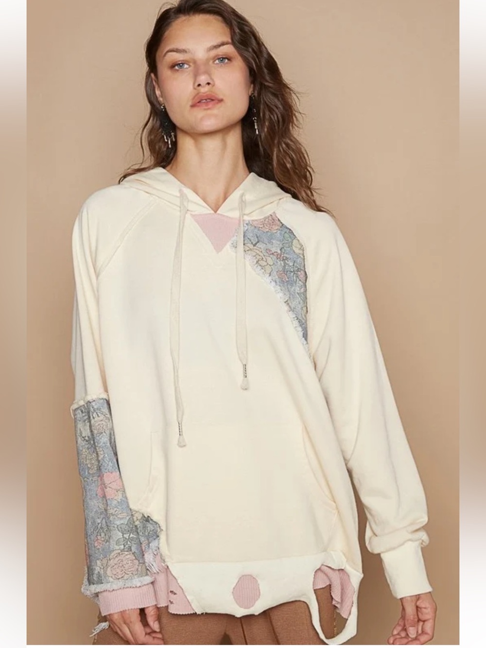 New: POL Boho Floral Patchwork Distressed Pullover Drawstring Hooded Sweatshirt